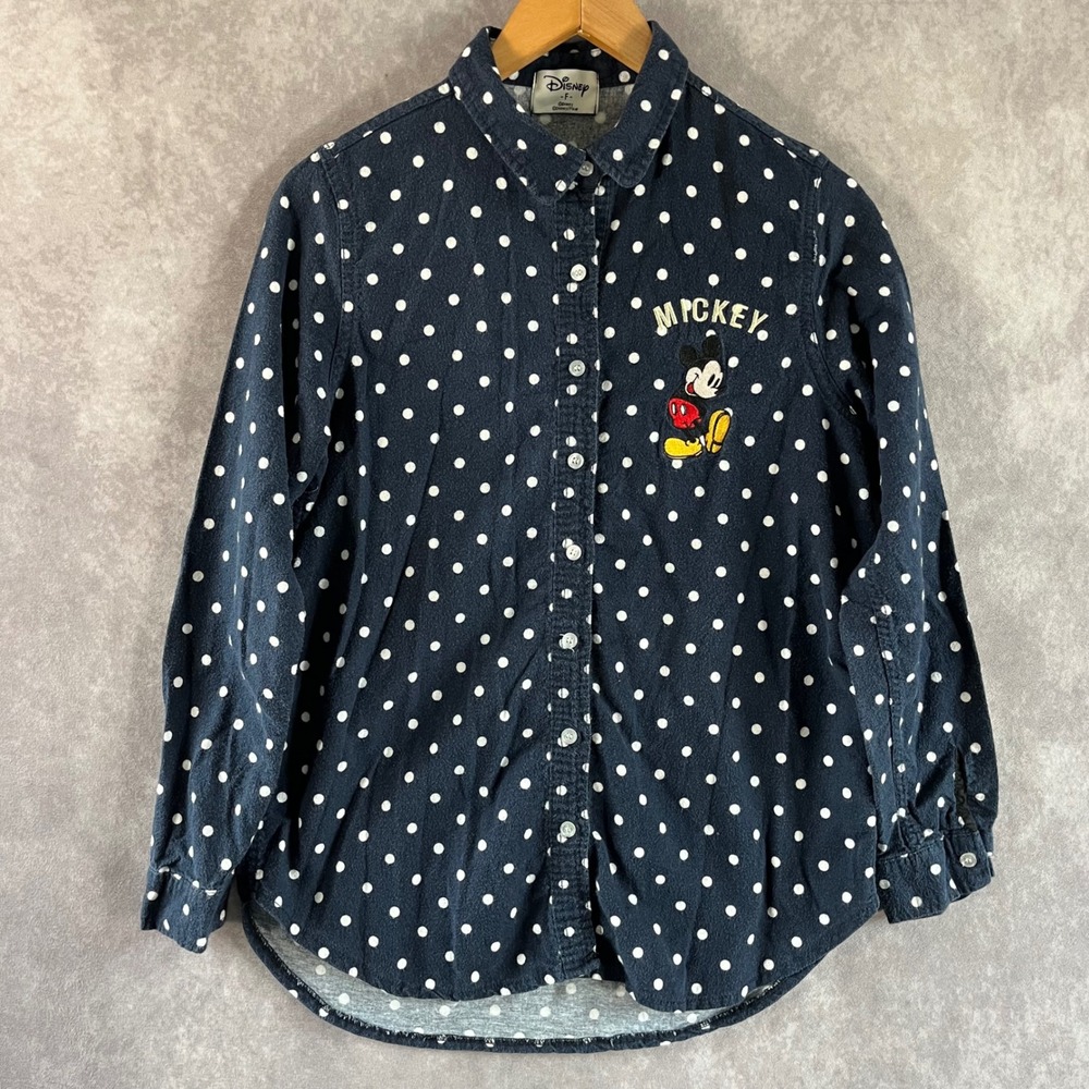 Disney Mickey Mouse Button Down Shirt Women One Size Navy Blue Polka Dot Flannel